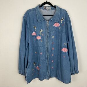 Vtg Embroidered Denim Jacket 1X Zippered Floral Hummingbird Relaxed Cottagecore